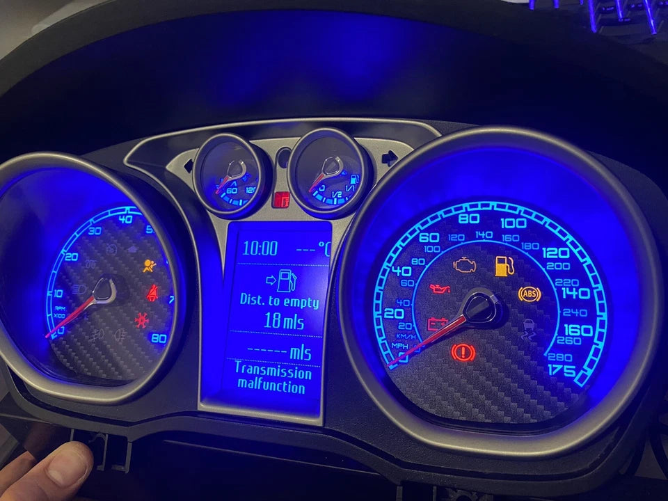 Detail of CuSToMod modified Ford Focus Mk2 instrument cluster